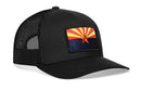 The Haka Hat Arizona Flag Trucker Hat | Black CA Snapback features a mesh back and front patch with the Arizona state flag, making it a classic Arizona Flag Trucker Hat by Haka Hat.