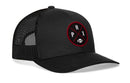 The Haka Hat Arizona Trucker Hat is a black snapback featuring a curved brim and a circular PHX embroidered patch with red and white accents in an X football design.