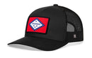 The Haka Hat Arkansas Flag Trucker Hat features a black snapback design, mesh back, and a front patch displaying the Arkansas state flag.