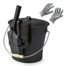 The DirectDeals Ash Bucket with Lid and Cut-resistant Gloves set includes a black metal bucket, wooden-handled brush, shovel, and textured gray gloves. Tools attach to the side; gloves display conveniently above.