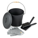 The DirectDeals Ash Bucket with Lid and Cut-resistant Gloves includes a brush, small shovel, and gloves—an essential fireplace cleanup kit and fire pit accessory set.