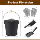 DirectDeals Ash Bucket with Lid and Cut-resistant Gloves includes a 17x12″ black bucket, gray cut-resistant gloves, black brush, and shovel—complete fire pit accessories with measurements for each item.