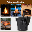 Collage of a bonfire, fire pit, fireplace, and barbecue with the DirectDeals Ash Bucket with Lid and Cut-resistant Gloves in the foreground. Text reads: Wide Application fire pit accessories.