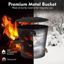 A DirectDeals Ash Bucket with Lid and Cut-resistant Gloves is shown by a fire and in snow. Text reads: Perfect for fire pit accessories—high temp resistance and rust-proof design.