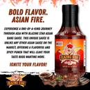 A bottle of Blazing Star BBQ’s Blazing Star Asian Bang Sauce is placed beside grilled steak slices. Text calls out the sauce’s bold flavor and distinctive spicy profile, making it the perfect spicy dipping or finishing sauce for an exciting culinary journey and vibrant taste experience.