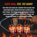 Three bottles of Blazing Star BBQ’s Asian Bang Sauce are displayed in front of saucy chicken wings, highlighted by bold text that promotes the sauce’s spicy, bold flavors and its power to elevate any meal—whether you use it as a flavorful finishing touch or a zesty, spicy dipping sauce.