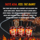 Three bottles of Blazing Star BBQ’s Asian Bang Sauce are displayed in front of saucy chicken wings, highlighted by bold text that promotes the sauce’s spicy, bold flavors and its power to elevate any meal—whether you use it as a flavorful finishing touch or a zesty, spicy dipping sauce.