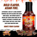 A bottle of Blazing Star BBQ’s Blazing Star Asian Bang Sauce is placed beside grilled steak slices. Text calls out the sauce’s bold flavor and distinctive spicy profile, making it the perfect spicy dipping or finishing sauce for an exciting culinary journey and vibrant taste experience.