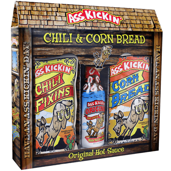 Ass Kickin’ Chili Corn Bread Gift Set with chili mix, cornbread mix, and hot sauce in reusable cloth bags