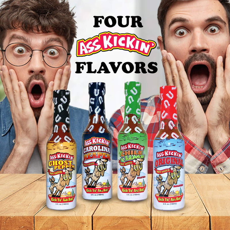 Ass Kickin’ Hot Sauce Gift Set with 4 bold sauces including ghost pepper and reaper