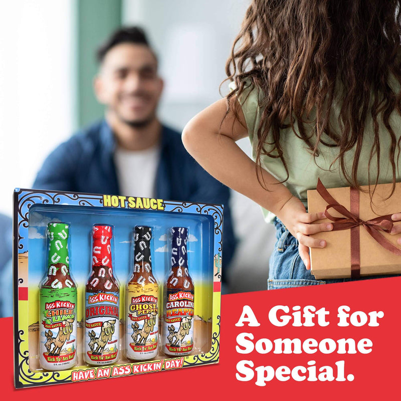 Ass Kickin’ Hot Sauce Gift Set with 4 bold sauces including ghost pepper and reaper