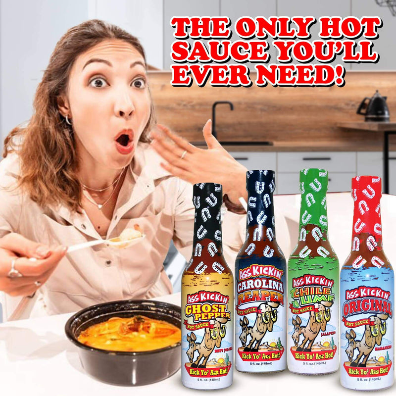 Ass Kickin’ Hot Sauce Gift Set with 4 bold sauces including ghost pepper and reaper