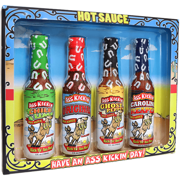 Ass Kickin’ Hot Sauce Gift Set with 4 bold sauces including ghost pepper and reaper