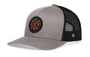 The Haka Hat Austin Trucker Hat features an orange ATX patch with a Texas outline, gray front panels and bill, and classic black mesh back. This gray-black snapback is the ultimate signature Austin trucker hat from Haka Hat.