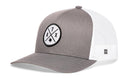 The Haka Hat Austin Trucker Hat | Gray-White ATX X Snapback features a gray curved brim, mesh back, comfort-fit snapback, ATX Texas outline patch, and a small logo tag.