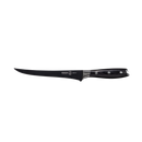The Messermeister Avanta Kendrick BBQ Fillet Knife - 7" features a narrow, curved German stainless steel blade and a black triple-riveted handle, displayed against a plain white background.