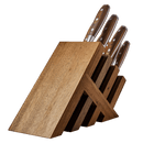 The Messermeister Avanta Pakkawood Knife Block Set - 10 Piece by Messermeister features ten stainless steel knives with brown pakkawood handles, elegantly displayed against a plain white background.