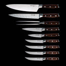 The Messermeister Avanta Pakkawood Knife Block Set (10-piece) by Messermeister features stainless steel knives with dark pakkawood handles, elegantly arranged—an ideal kitchen knife set for any chef.