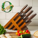 The Messermeister Avanta Pakkawood Knife Block Set - 10 Piece sits on a kitchen counter with vegetables, lettuce, and bread. A green "Oprah's Favorite Things 2022" badge is displayed in the corner.
