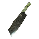 The Spaceman Knives Gravity Series Nakiri features an intricate dark Damascus blade with a unique angular shape, a decorative emblem near the handle, and a textured green-black handle for added style.