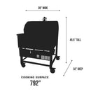 Silhouette of a Smokin Brothers “30” Premier Plus Barn-B-Que Grill with labeled dimensions: 30 inches wide, 45.5 inches tall, and 32 inches deep. Perfect for outdoor kitchens, this Smokin Brothers grill offers a generous 792-square-inch cooking surface area—ideal for pellet cooking enthusiasts.
