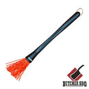 A black-handled Butcher BBQ Mop Brush with red silicone bristles is angled, with the Butcher BBQ logo and cleaver shown in the bottom right corner.