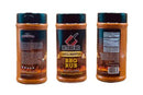 Three bottles of Butcher BBQ - BBQ Rub by Butcher BBQ are shown from back, front, and side, displaying the label, product name, ingredients, and nutrition facts. The finely ground orange rub is visible inside the bottles.