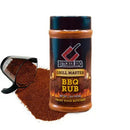 A container of Butcher BBQ - BBQ Rub by Butcher BBQ stands upright with a scoop of reddish-brown rub spilled next to it, all displayed on a white background.