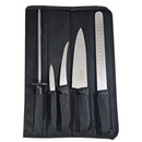 Introducing the SpitJack Barbecue Knife Bundle, which includes four high-quality knives, a sharpening hone, and a stylish black fabric case for organized storage.