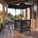 A Grill Gazebo with Shelves, Hooks & Double Roof Canopy by DirectDeals stands on a wooden deck beside a house, with a patio bar, bottles, and greenery nearby under warm sunlight.