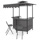 DirectDeals Grill Gazebo with Shelves, Hooks & Double Roof Canopy features a black metal frame, glass countertop, and includes two matching black barstools with footrests, all shown on a white background.