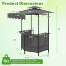 Diagram of DirectDeals Grill Gazebo with Shelves, Hooks & Double Roof Canopy: 7.3 ft W x 4.4 ft D x 8 ft H, tabletop holds 220 lbs, shelf supports 110 lbs. Green/black color scheme.