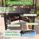 Outdoor bar setup under the DirectDeals Grill Gazebo with Shelves, Hooks & Double Roof Canopy, featuring labeled tools, seasonings, drinks, food, a heat-resistant tabletop, 4 slatted shelves, 6 hooks & 2-row top glass holder.