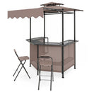 The DirectDeals Grill Gazebo with Shelves, Hooks & Double Roof Canopy features a brown double roof, metal frame, glass countertop, matching folding chair, and step stool—ideal as an open hexagonal grill gazebo.