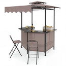 The DirectDeals Grill Gazebo with Shelves, Hooks & Double Roof Canopy features two stools, a bar counter, shelves, and a taupe and black frame—perfect for your patio gatherings.