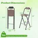 Two brown folding bar stools with black frames, ideal for your DirectDeals Grill Gazebo with Shelves, Hooks & Double Roof Canopy. 43.5/44″ high, 28″ seat height, 13″ wide; each holds up to 330 lbs. Dimensions labeled.