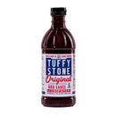 A plastic bottle of Tuffy Stone Original BBQ Sauce with Chipotle by Tuffy Stone, showcasing a blue, red, and white label that promotes this award-winning chipotle BBQ sauce as a world barbecue champion sauce, proudly made in the USA.