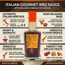 A bottle of Taycte Aged Balsamic Steak Sauce, crafted with 25-30 year Balsamic Vinegar of Modena, is featured with a smoky aroma and a versatile flavor profile. The image emphasizes its grilling and basting applications, showcasing the sauce’s rich Italian heritage under the Taycte brand.