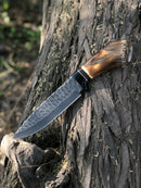 The Texan Knives Custom Handmade Stone Texture Hand Forged 1095 High Carbon Steel Vintage Viking Knife with a polished wooden handle rests on the rough bark of a tree trunk outdoors.
