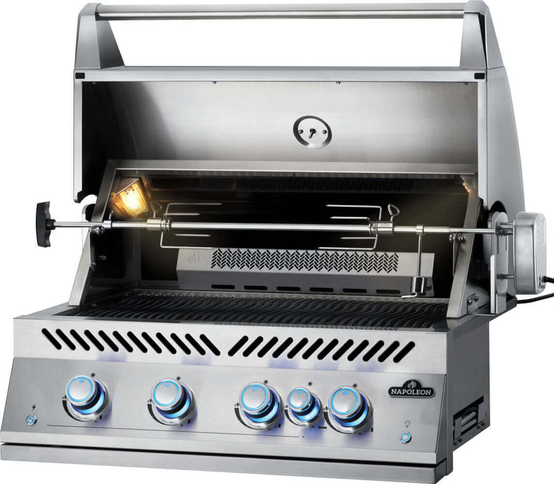 Napoleon Built-In 700 Series 32 stainless steel gas grill with infrared rear burner, rotisserie kit, and LED backlit control knobs