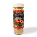 A clear jar of SALTOPIA Infused Sea Salts, labeled "Saltopia BLT Salt: BACON. LETTUCE. TOMATO." with a BLT sandwich photo and sealed with a black lid.