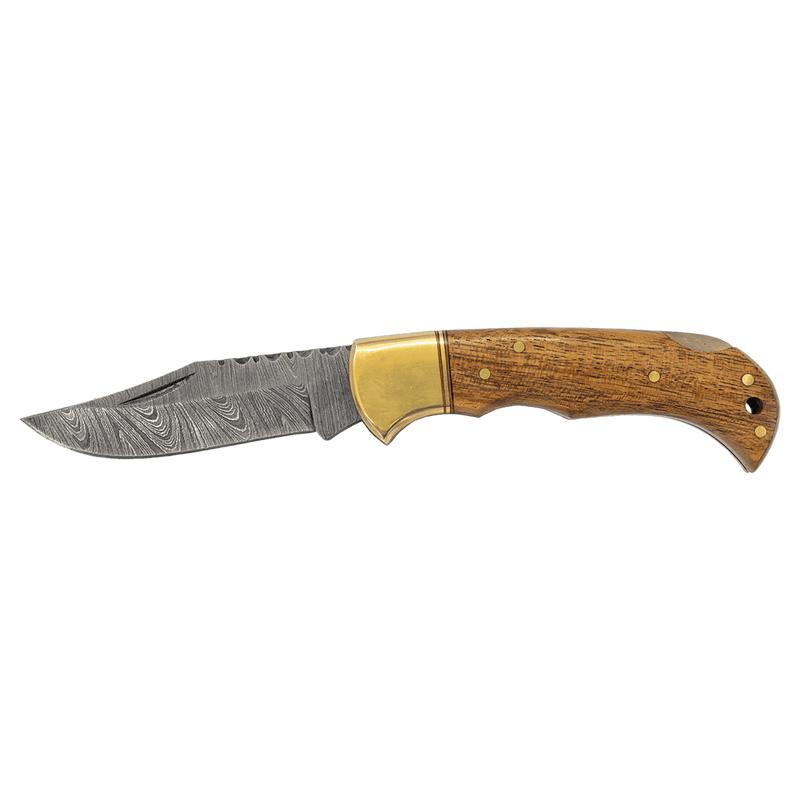 3.75" Damascus Steel Knife with Leather Sheath with Acadia Wood