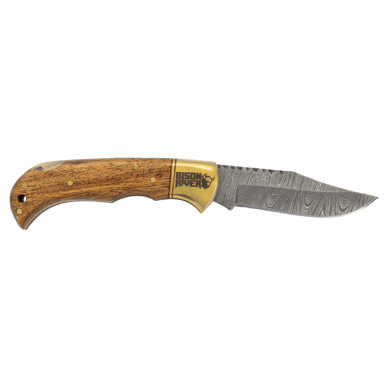 3.75" Damascus Steel Knife with Leather Sheath with Acadia Wood