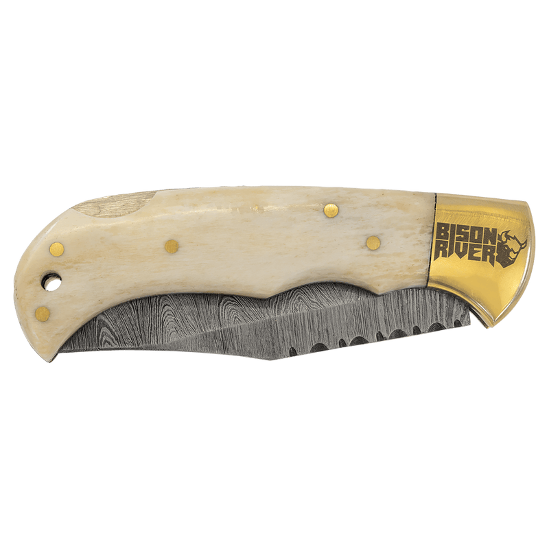 3.75" Damascus Steel Knife with Leather Sheath with Bone