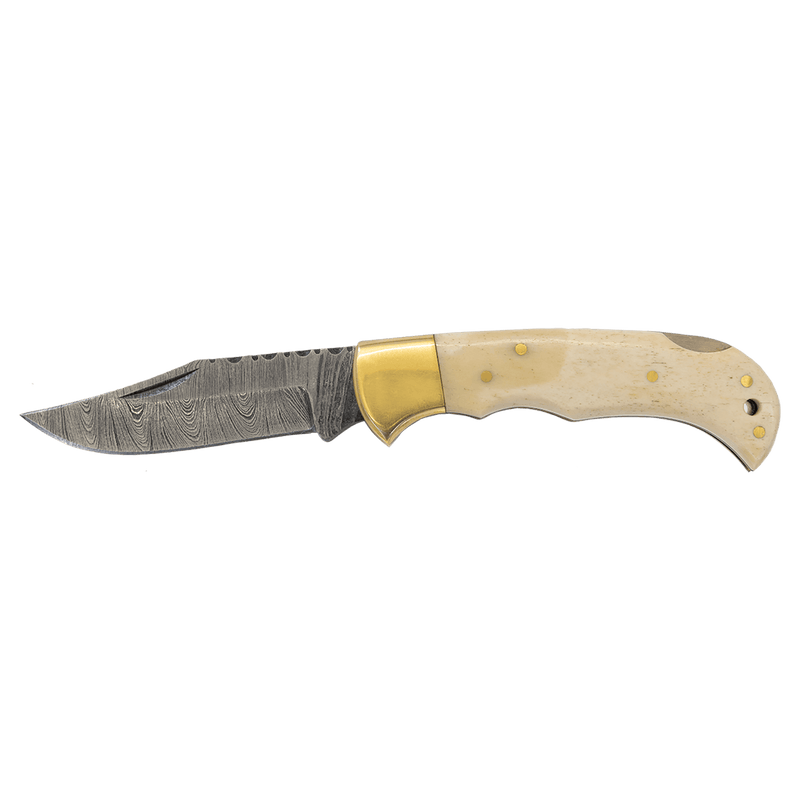 3.75" Damascus Steel Knife with Leather Sheath with Bone