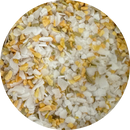 Close-up of B.T. Leigh’s Garlic & Rosemary Finishing Salt showing white salt flakes mixed with yellow garlic bits and green rosemary needles.
