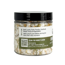Clear plastic jar of B.T. Leigh’s Garlic & Rosemary Finishing Salt, featuring a label that lists suggested food pairings and a QR code to scan for more flavor.