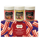 Three jars of SALTOPIA Infused Sea Salts—Maple Bacon, Bacon Ranch, and BLT—are featured in the Saltopia Bacon Lovers Gift Set, presented in a colorful bacon-themed box.
