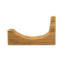 Introducing the NULU Knife Holder Dock by NULU Inc.—a beautifully crafted bamboo holder featuring a curved slot and upright support, elegantly branded with the NULU logo on the side. Ideal for any kitchen and a perfect companion to your acacia wood knife holder, this dock is designed to keep reusable storage bags upright for easy drying or filling.