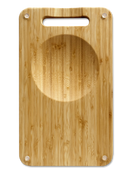 The NULU Signature Cutting Board by NULU Inc. is a rectangular bamboo wood cutting board featuring four screw-like accents in the corners, a rounded handle slot at the top, and a large circular groove carved into the center that functions as an integrated mincing bowl.